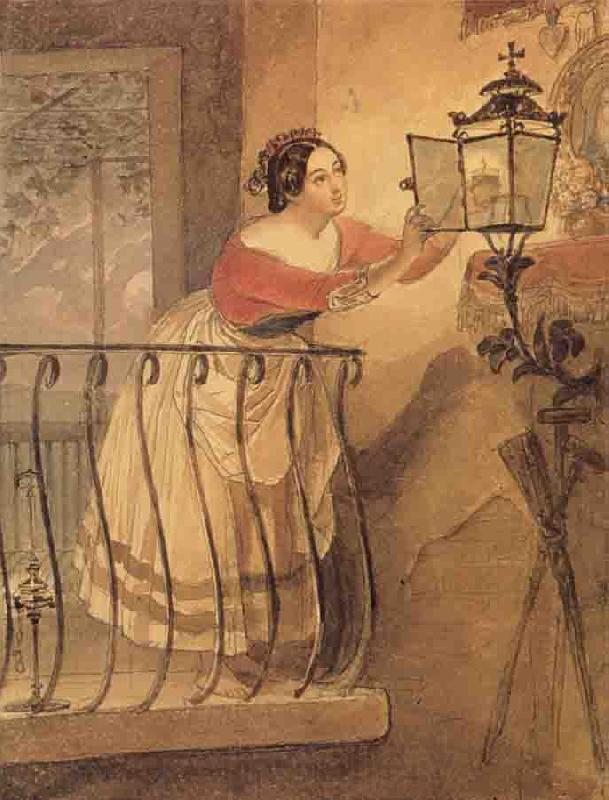 Karl Briullov An Italian Woman Lighting a lamp bfore the Image of the Madonna